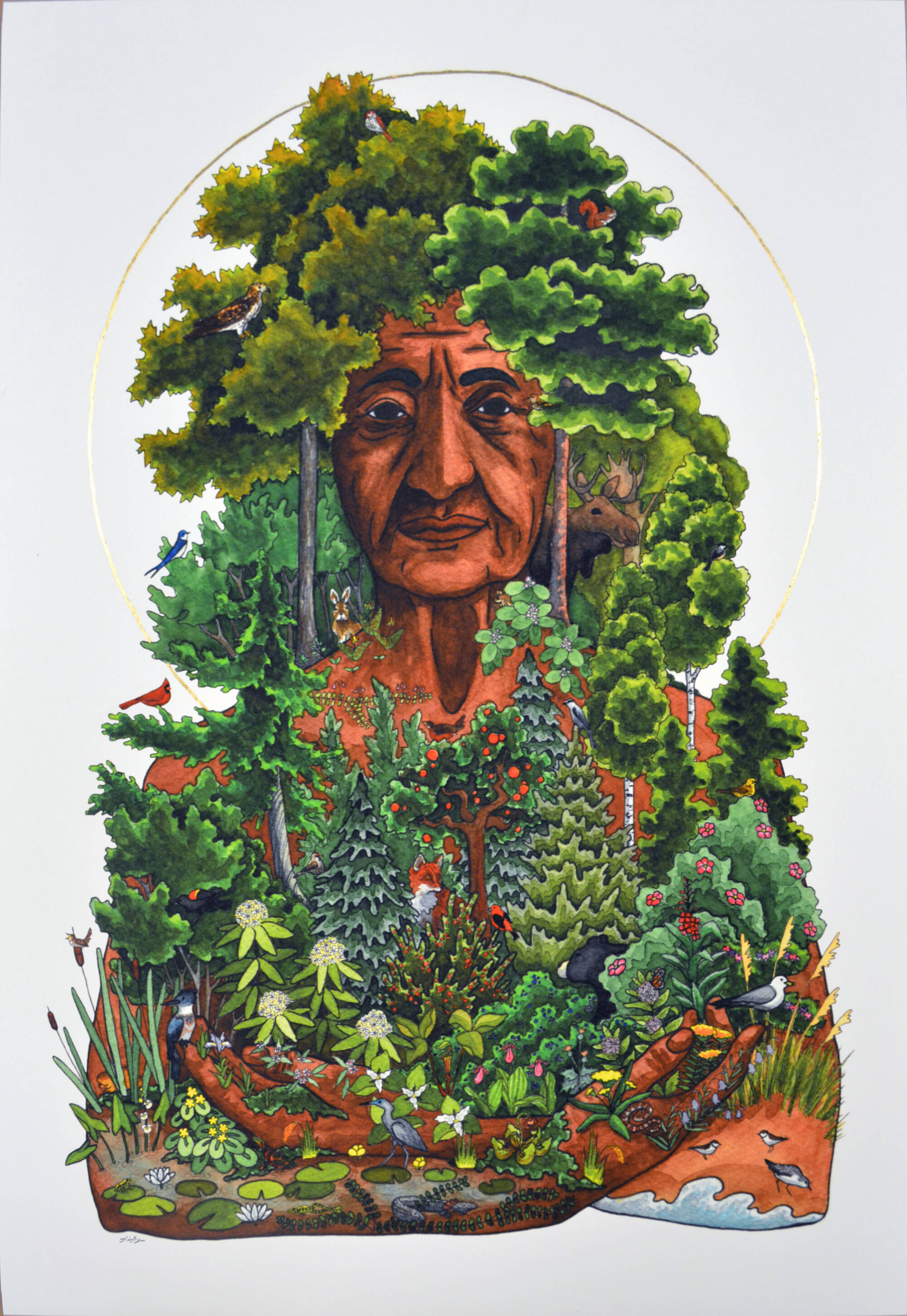 Illustration of mother nature, an older woman covered in plants, flowers, trees, and animals.